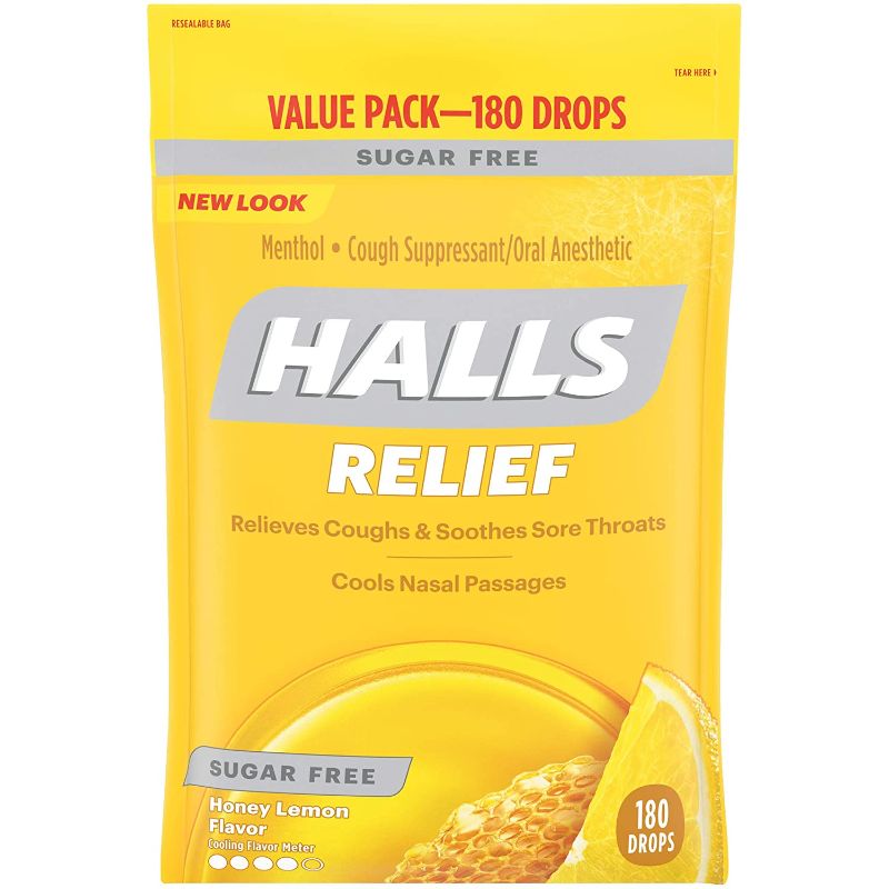 Photo 1 of   HALLS Sugar Free Honey Lemon Flavor Cough Drops, 1 Bag (180 Total Drops)
