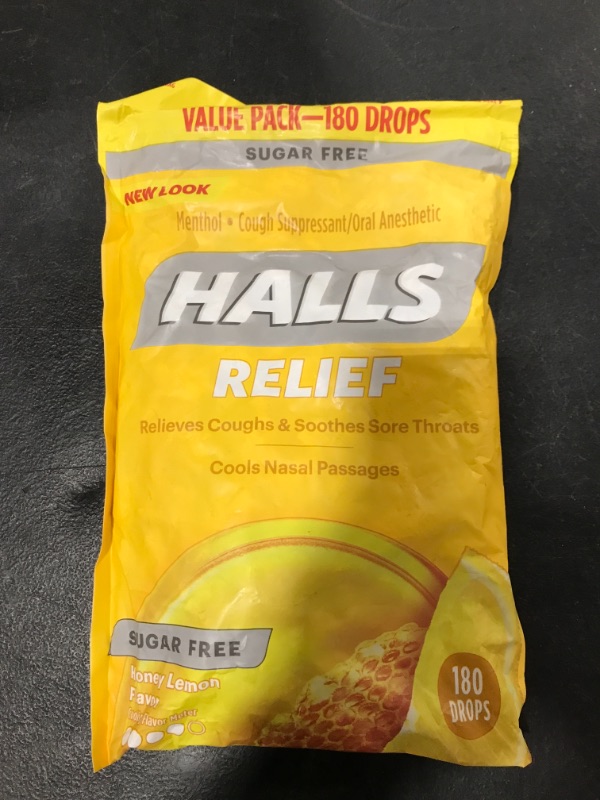 Photo 2 of   HALLS Sugar Free Honey Lemon Flavor Cough Drops, 1 Bag (180 Total Drops)
