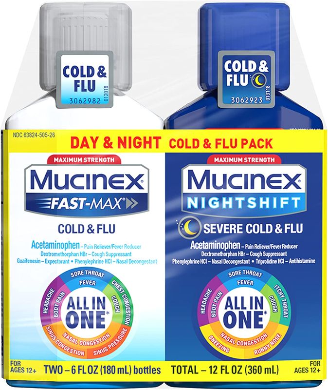 Photo 1 of Mucinex Maximum Strength Fast-Max Cold & Flu and Nightshift, All-in-One Multi Symptom Relief Liquid, 6 Fl Oz (Pack of 2)
BEST BY FEB. 2022.