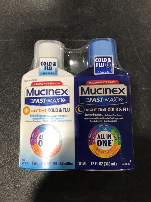 Photo 2 of Mucinex Maximum Strength Fast-Max Cold & Flu and Nightshift, All-in-One Multi Symptom Relief Liquid, 6 Fl Oz (Pack of 2)
BEST BY FEB. 2022.