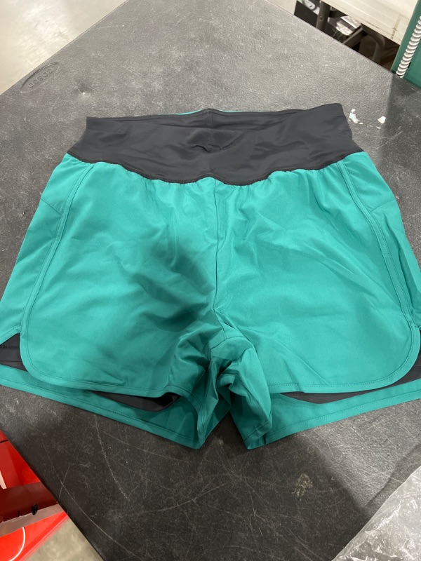 Photo 1 of REYSHIONWA 2 in 1 Running Shorts for Womens Sports Workout Athletic Shorts with Liner Active Shorts Back Zipper Pockets, Storm Green, XL
