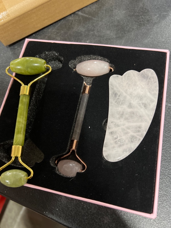 Photo 2 of 100% Nature Jade Roller Rose Quartz Roller and Gua Sha | 3-In-1 Stone Face Massager kit
