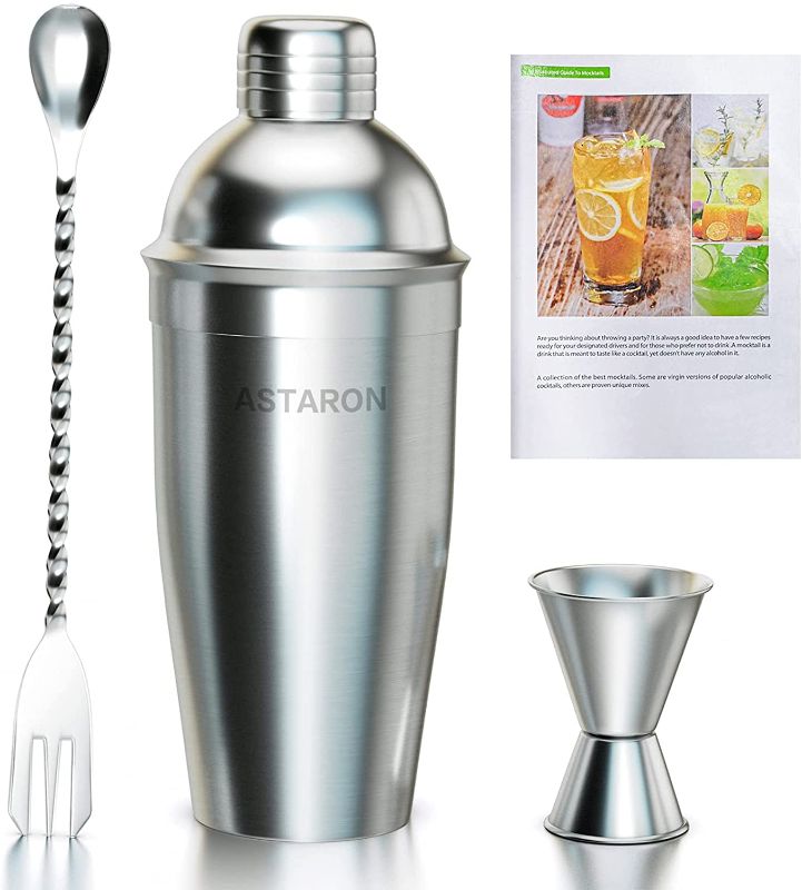 Photo 1 of ASTARON Cocktail Shaker Set 304 Stainless Steel Bar Tools Include 24oz Drink Shaker, Measuring Jigger, Mixing Spoon and Manual of Recipes
