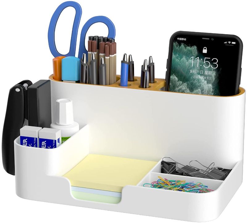 Photo 1 of Modern Desk Organizer, Desktop Organizer with Pencil Holders, 6 partments,Office Stationery Supplies Organizers,Sticky Note Tray,Paperclip Storage and Office Accessories Caddy Desktop, Marker Organizer white.
