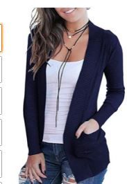 Photo 1 of VOIANLIMO Women's Open Front Casual Long Sleeve Knit Classic Sweaters Cardigan with Pockets, Navy Blue, Large