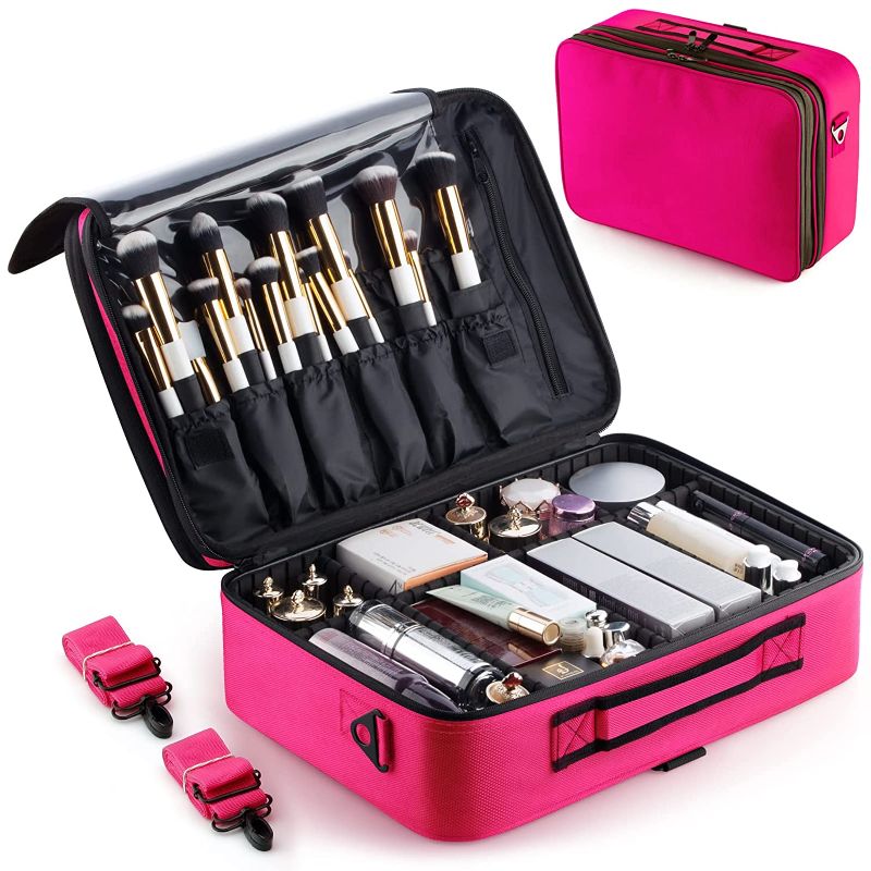 Photo 1 of A&A Travel Makeup Train Case - Max Large Cosmetics Bag with Adjustable Dividers Suitcase Toiletry Organizer Box for Women or Girls Pink
