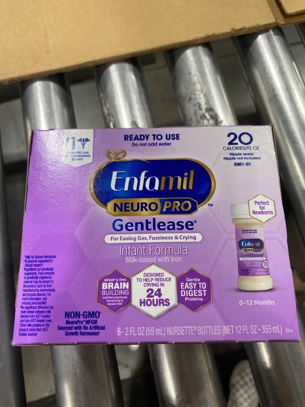 Photo 1 of Enfamil NeuroPro Gentlease Babay Formula, Brain-Building Nutrition, Clinically Proven to reduce Fussiness, Crying & Gas in 24 hours, Ready-to-Use Liquid Nursette Bottles, 2 Fl Oz (6 count)
exp 05/01/22