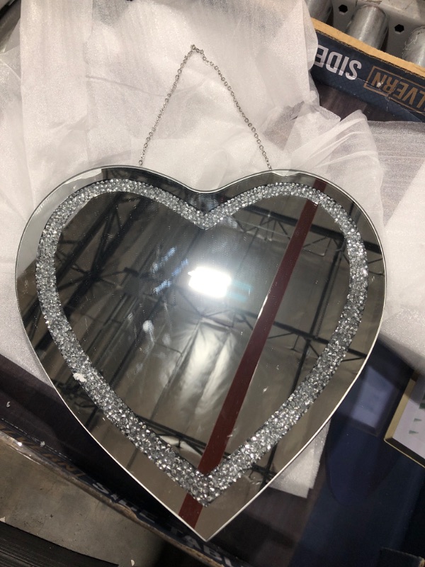 Photo 2 of DMDFIRST Crystal Crush Diamond Heart Shaped Silver Mirror with Silver Stainless Steel Chain for Wall Decoration 12x12x0.5 inch Wall Hang Frameless Mirror Glass Diamond Decor Glam Mirror