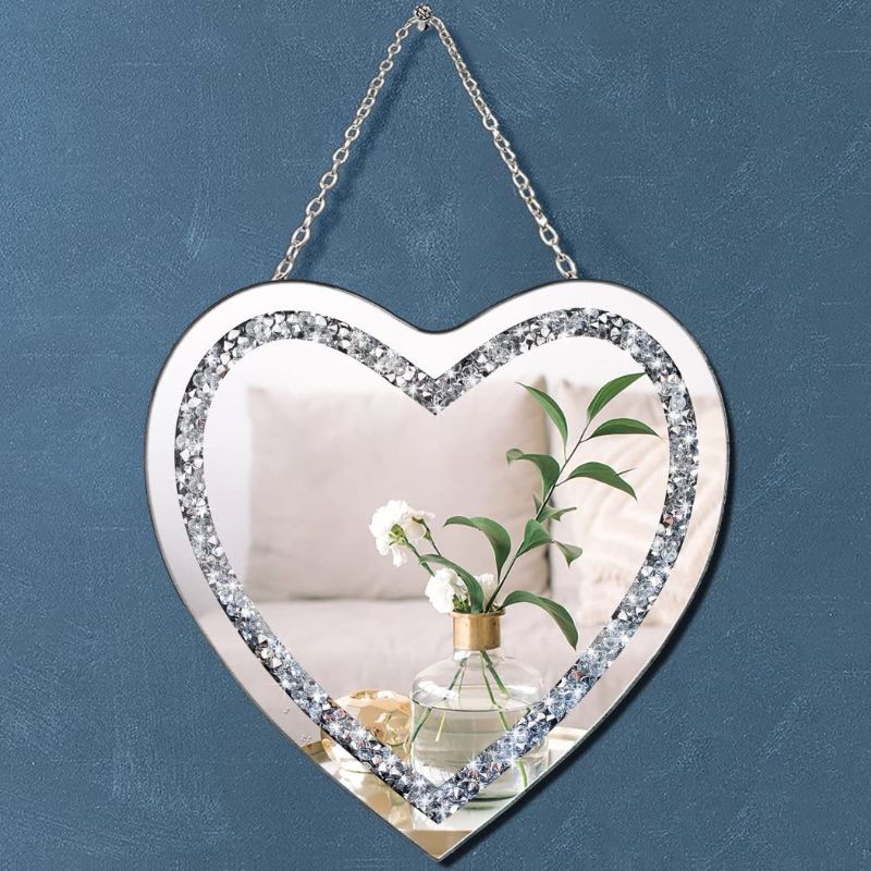 Photo 1 of DMDFIRST Crystal Crush Diamond Heart Shaped Silver Mirror with Silver Stainless Steel Chain for Wall Decoration 12x12x0.5 inch Wall Hang Frameless Mirror Glass Diamond Decor Glam Mirror