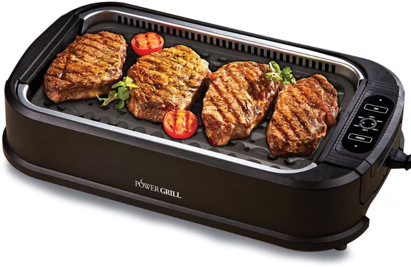 Photo 1 of Power XL Smokeless Electric Indoor Removable Grill and Griddle Plates, Nonstick Cooking Surfaces, Glass Lid, 1500 Watt, 21X 15.4X 8.1, black
