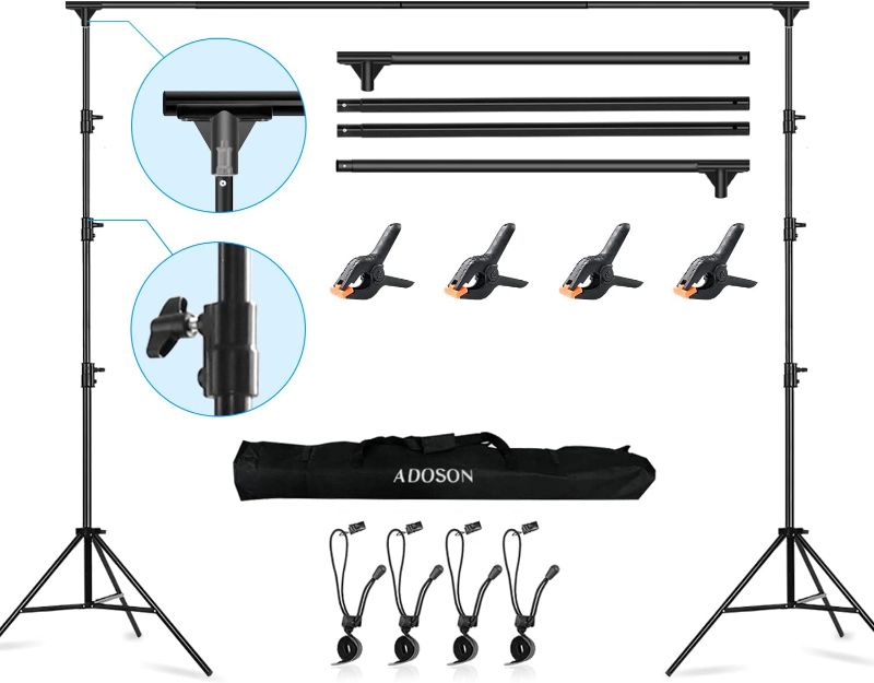 Photo 1 of ADOSON Backdrop Stand, 8.5 x 10ft Adjustable Photo Backdrop Stand for Parties & Studio Photography, Backdrop Support System Kit with Spring Clamp, Backdrop Clip, Carry Bag
