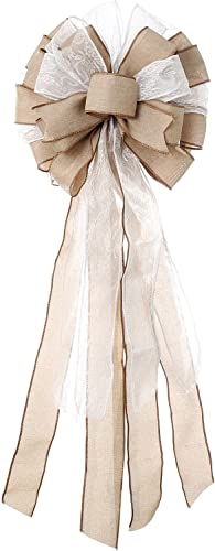 Photo 1 of Christmas Tree Topper 11x27 Inches Large Decorative Bow with Streamer Wired Edgefor Xmas Decorations Home Decor with Packaging Double Slide (Beige)