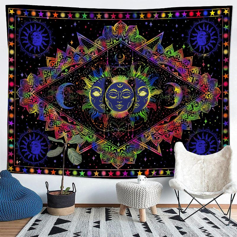Photo 1 of A-forest Wall Tapestry, Moon and Sun Tapestry Wall Hanging Tapestry Purple Aesthetic Tapestries Trippy Wall Hanging Decor for Bedroom, Living room, 60 X 50 inches (sun and moon)
