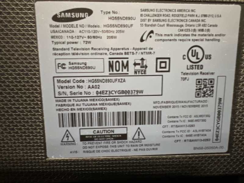 Photo 5 of SAMSUNG 55IN 2015 MODEL HG55ND890UF  NEEDS TO BE REPROGRAMMED STAND AND REMOTE NOT INCLUDED