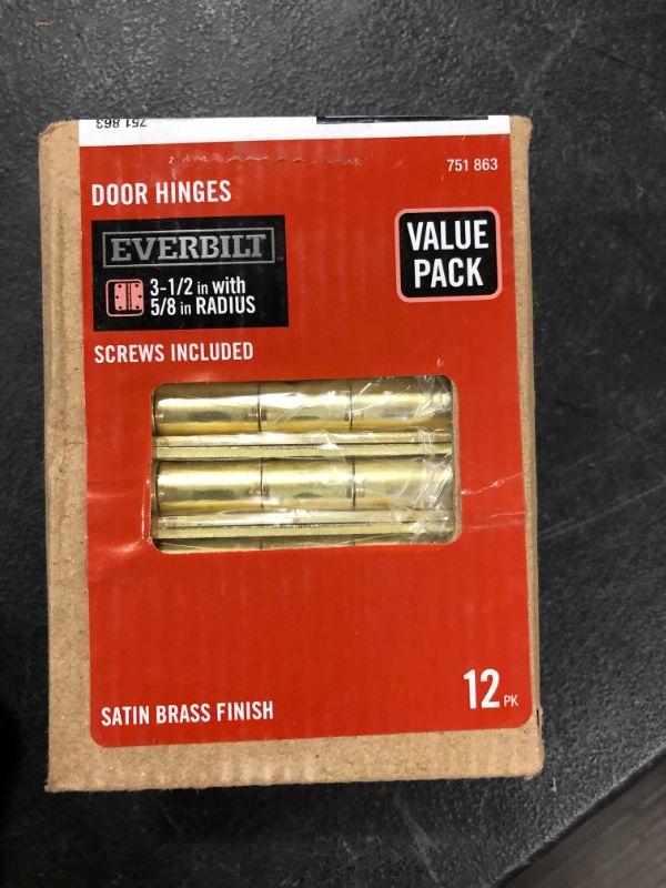 Photo 2 of 3-1/2 in. Satin Brass 5/8 in. Radius Door Hinges Value Pack (12-Pack)
by
Everbilt
