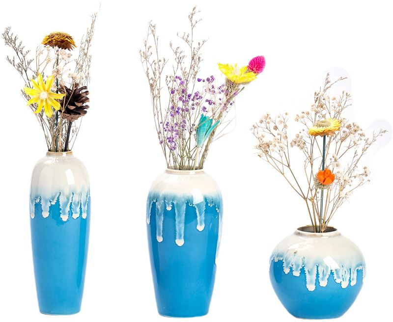 Photo 1 of Ceramic Flower Vases Set of 3, jdzjybqx Special Design Style of Blue White Flambed Glazed,Decorative Modern Floral Vase for Home Decor Living Room Centerpieces and Events,Not Includes Flower
