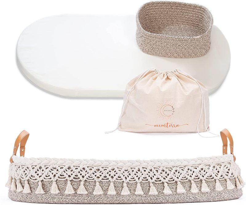 Photo 1 of Aumterra Baby Changing Basket with Pad and Safety Straps - Luxury Macrame Design / Baby Moses Baskets / Boho Baby Decor Includes Diaper Caddy, Carry Bag and Waterproof Pad
