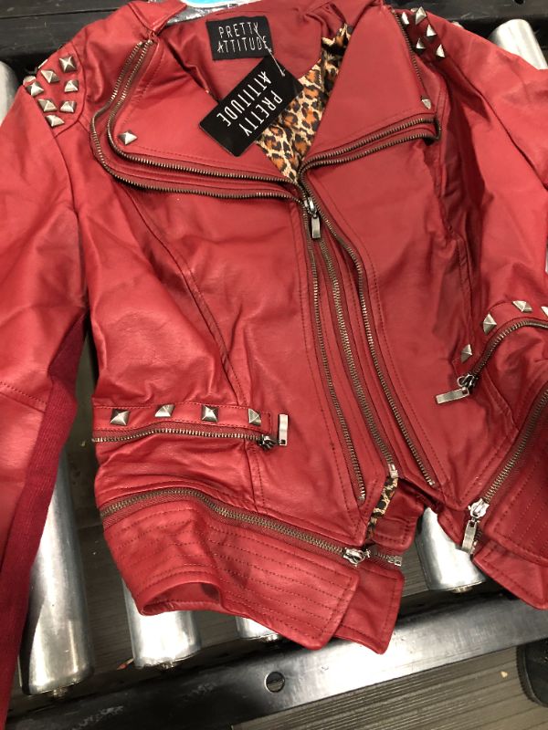 Photo 2 of Womens Red Faux Leather Moto Biker Jacket with Studs Slim Fit Motorcycle Short Coat SIZE XL