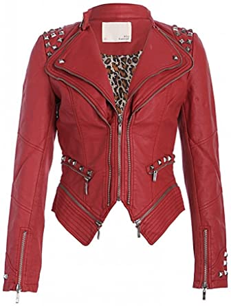 Photo 1 of Womens Red Faux Leather Moto Biker Jacket with Studs Slim Fit Motorcycle Short Coat SIZE XL