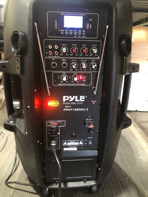 Photo 4 of Pyle 1600 Watt, 15" Bluetooth PA Speaker-Indoor/Outdoor Portable Sound System with (2) UHF Wireless Microphones Rechargeable Battery, Audio Recording, USB/SD Readers, FM Radio (PPHP1535WMU)
