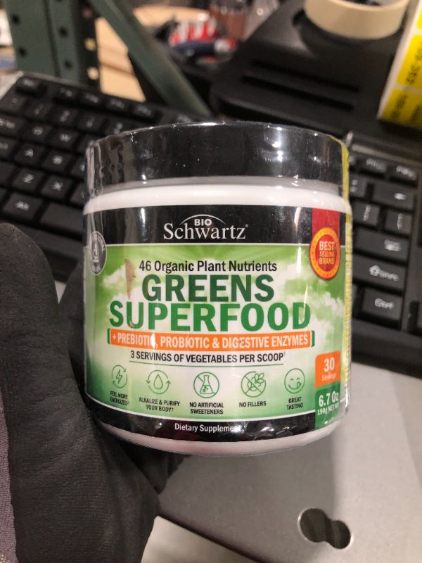 Photo 2 of  Chlorophyll Rich Super Greens Organic Powder with Probiotics Prebiotics & Digestive Enzymes - 43+ Green Superfoods Alfalfa Bilberry Spirulina Chlorella...
Size:6.7 Ounce 
bb 05 2022