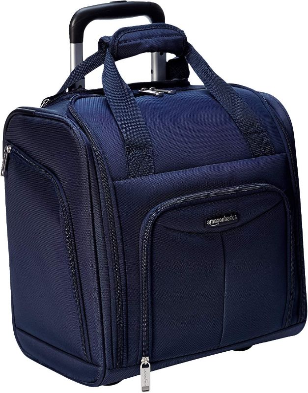 Photo 1 of Amazon Basics Underseat Carry-On Rolling Travel Luggage Bag, 14 Inches, Navy Blue Quilted