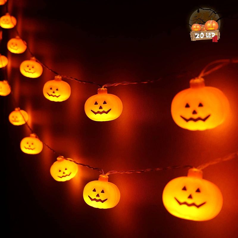 Photo 1 of 3Pk Halloween Pumpkin String Lights - 20 LED 9.8ft 3D Cute Waterproof Orange Jack-O-Lantern Battery Operated Twinkle Lights, 2 Modes Steady/Flickering Lights for Indoor Outdoor Decor Party Decorations