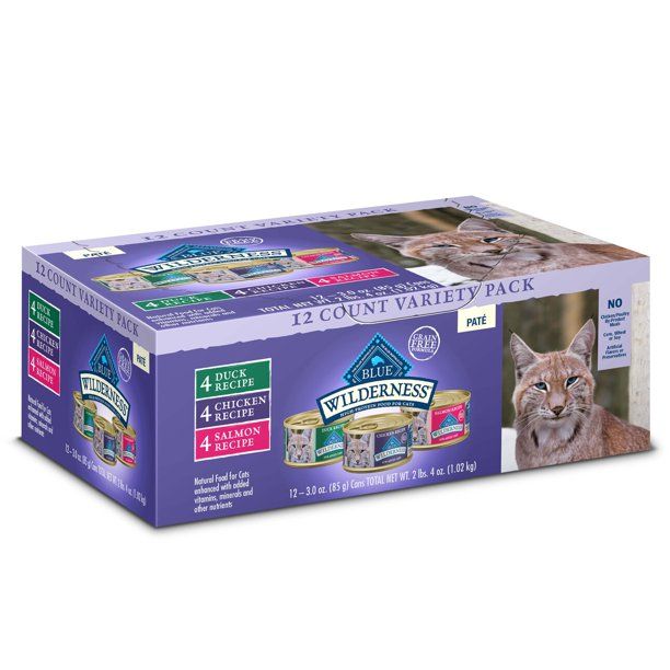 Photo 1 of Blue Buffalo Wilderness High Protein Chicken, Salmon, & Duck Pate Wet Cat Food Variety Pack for Adult Cats, Grain-Free, 3 oz. Cans (12 Pack)