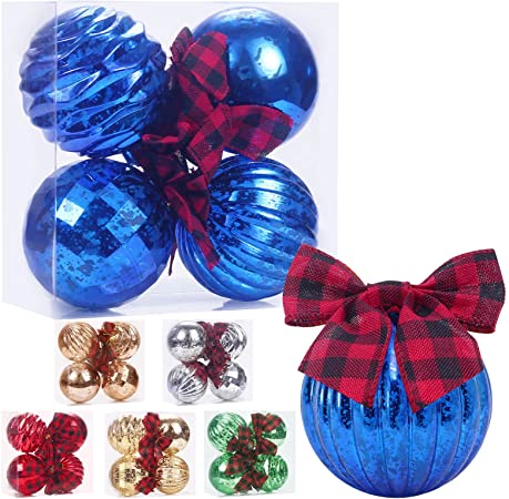 Photo 1 of SY Super Bang Extra Large Christmas Ornaments, 4"/100MM Giant Hanging Shatterproof Oversized Mercury Decorative Ball Set for Xmas Tree, for Holiday Party Wedding Thanksgiving Christmas - Blue, 4PCS.
