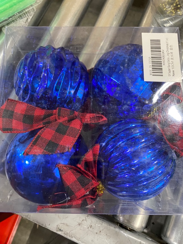 Photo 2 of SY Super Bang Extra Large Christmas Ornaments, 4"/100MM Giant Hanging Shatterproof Oversized Mercury Decorative Ball Set for Xmas Tree, for Holiday Party Wedding Thanksgiving Christmas - Blue, 4PCS.
