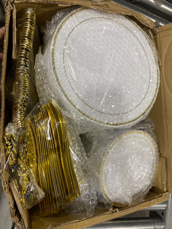 Photo 2 of 600 Piece Gold Dinnerware Set - 100 Gold Rim 10 inch Plastic Plates 100 Gold Rim 7 Inch Plates -300 Gold Plastic Silverware - 100 Gold Plastic Cups - 100 Guest Disposable Gold Dinnerware Set
