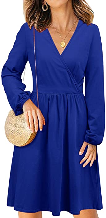 Photo 1 of STYLEWORD Women's V Neck Long Puff Sleeve Casual Swing Midi Dress with Pocket
small