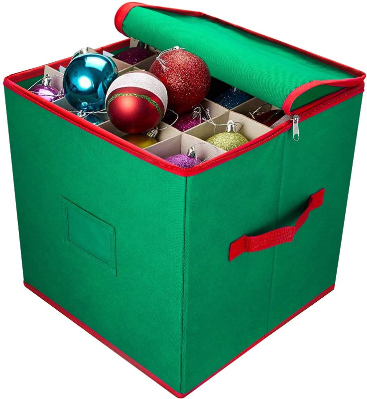 Photo 1 of AMDX Stores up to 64 Holiday Ornaments -Attractive Storage Box Keeps Holiday Decorations Clean and Dry for Next Season, Adjustable Dividers, Zippered Closure with Two Handles.
