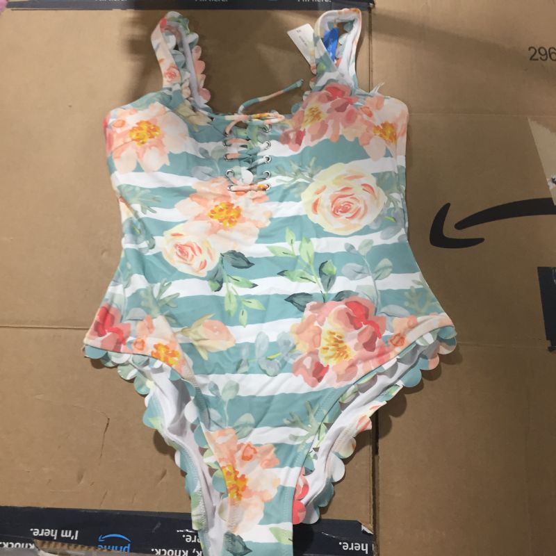 Photo 2 of Floral And Striped Scalloped One Piece Swimsuit XL 
