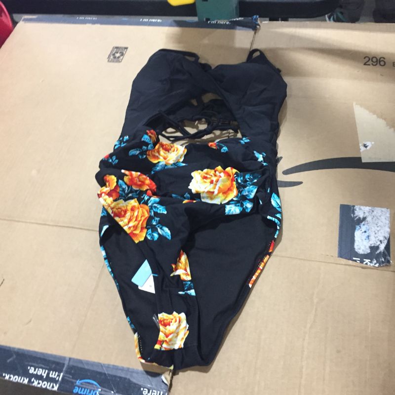 Photo 2 of Black Floral Print Halter One Piece Swimsuit. MEDIUM
