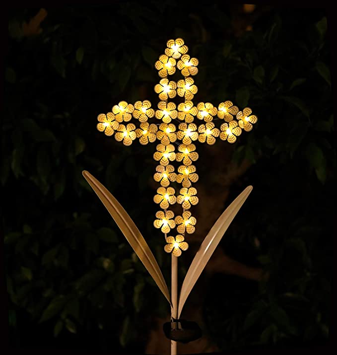 Photo 1 of WSgift Solar Garden Cross Stake Lights Metal Hydrangea Cross Stake Memorial Gift w/ 28 Solar LEDs Solar Cross Lights Perfect as Cross Remembrance Gifts & Sympathy Gifts (10" W x 40" H)
