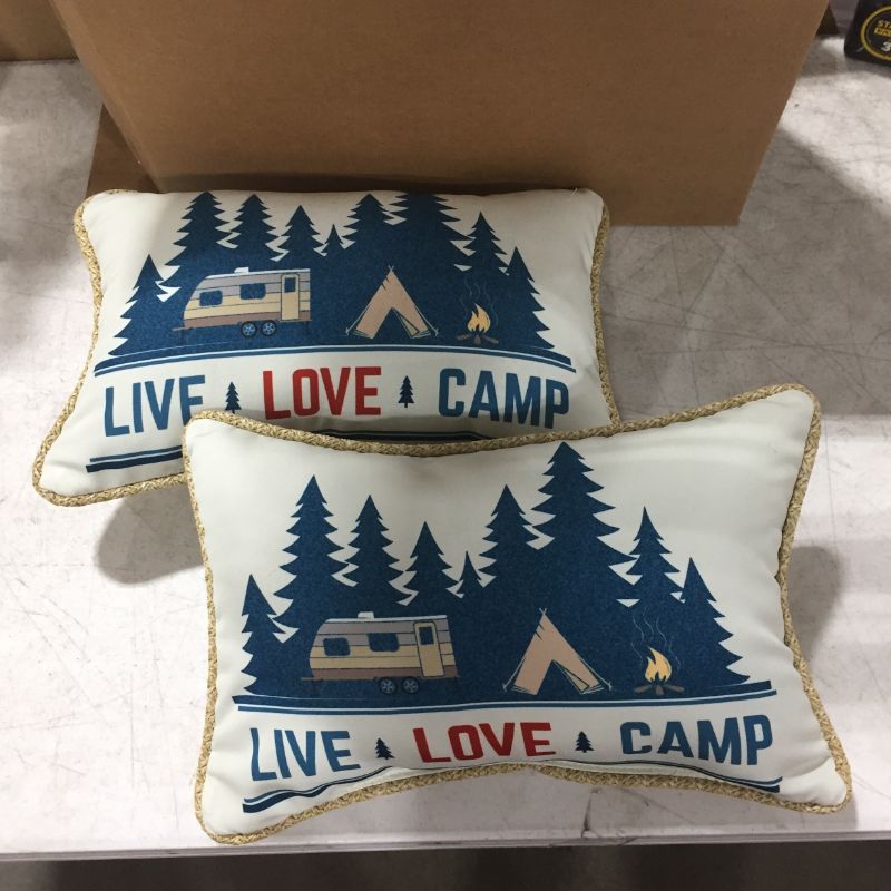 Photo 2 of 12 in. x 18 in. Live Love Camp Americana Outdoor Lumbar Pillow (2-Pack)
