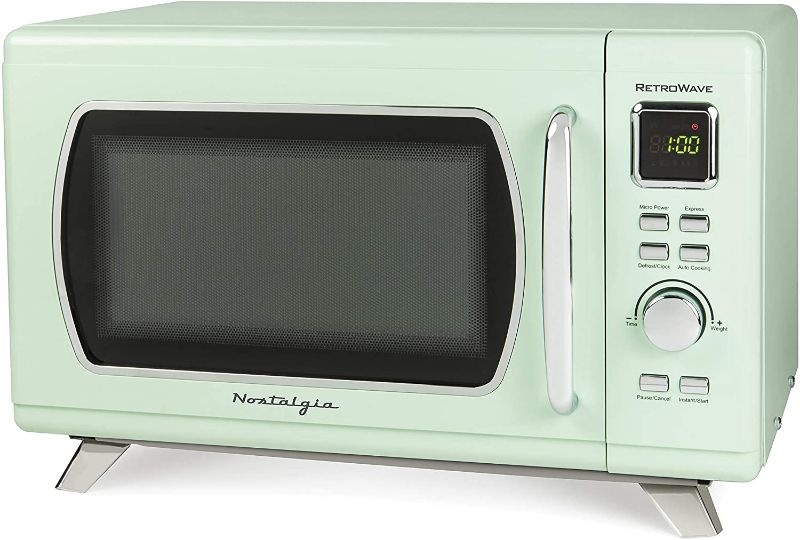 Photo 1 of Nostalgia MCMO9FTSG Mid-Century Retro 0.9 Cu. Ft. 900-Watt Countertop Microwave Oven With LED Display, 5 Power Levels, 8 Cook Settings, Seafoam Green
