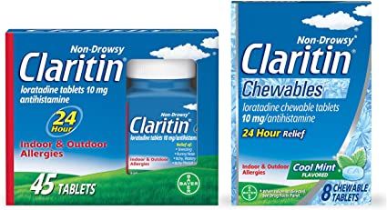 Photo 1 of Claritin 24 Hour Allergy Medicine, Non-Drowsy Prescription Strength Allergy Relief, Loratadine Antihistamine Tablets and Chewable Tablets Cool Mint Flavor, White, 8 Bundle (Pack of 2 Items), 45 Count. 11/2023.
