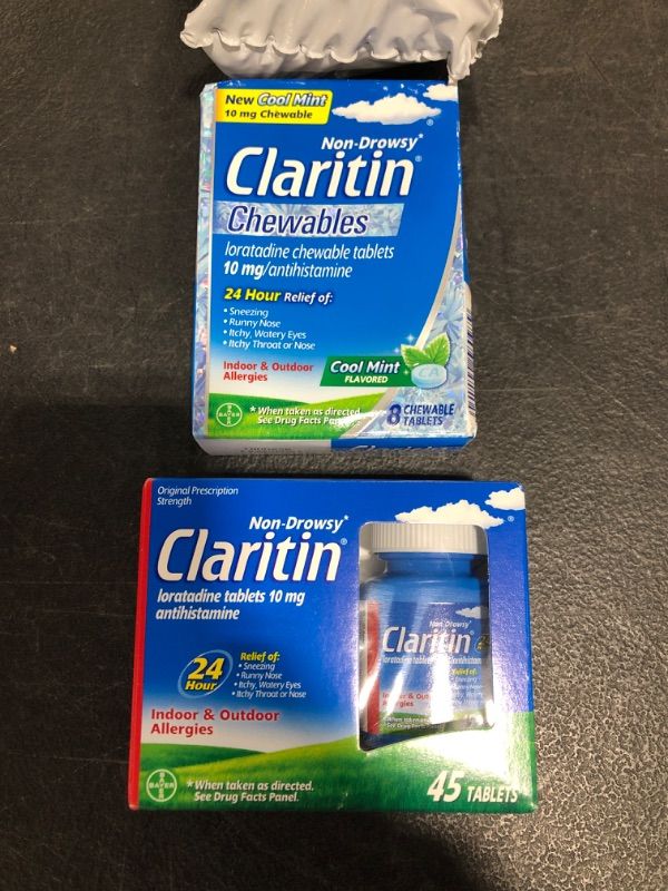 Photo 3 of Claritin 24 Hour Allergy Medicine, Non-Drowsy Prescription Strength Allergy Relief, Loratadine Antihistamine Tablets and Chewable Tablets Cool Mint Flavor, White, 8 Bundle (Pack of 2 Items), 45 Count. 11/2023.
