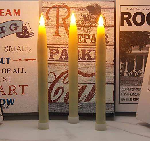 Photo 2 of 10” Flameless Flickering Taper Candles Battery Operated with Timer and Remote, LED Real Wax Tapered Dinner Candle, Window Candle Set of 3. Centerpieces for Dining, Table, Christmas, Wedding ( Ivory )
