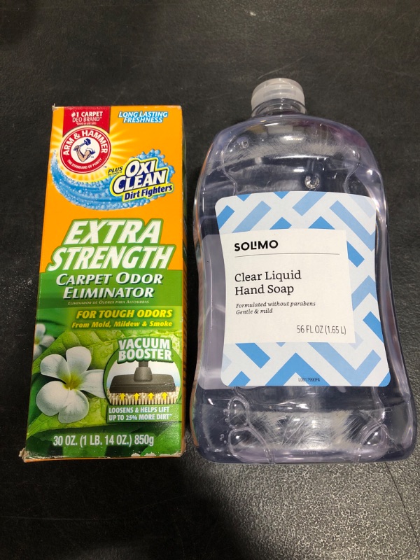 Photo 3 of Arm & Hammer Extra Strength Odor Eliminator for Carpet and Room, 30 Ounce & Amazon Brand - Solimo Gentle & Mild Clear Liquid Hand Soap Refill, Triclosan-free, 56 Fluid Ounces, Pack of 1
LOT OF 2 ITEMS
