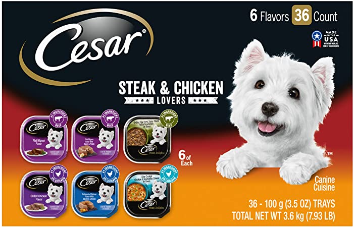 Photo 1 of CESAR Soft Wet Dog Food Classic Loaf in Sauce Steak and Chicken Lovers Variety Pack, (36) 3.5 oz. Easy Peel Trays Made with Real Meat or Real Chicken
