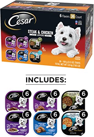 Photo 1 of CESAR Soft Wet Dog Food Classic Loaf in Sauce Steak and Chicken Lovers Variety Pack, (36) 3.5 oz. Easy Peel Trays Made with Real Meat or Real Chicken
