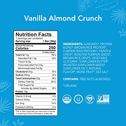 Photo 2 of ALOHA Organic Plant Based Protein Bars - Vanilla Almond Crunch - 12 Count, 1.9oz Bars - Vegan, Low Sugar, Gluten-Free, Paleo, Low Carb, Non-GMO, Stevia-Free, Soy-Free, Sugar Alcohol Free
12/2022.