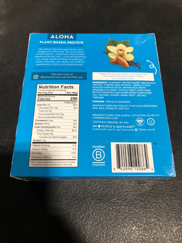 Photo 4 of ALOHA Organic Plant Based Protein Bars - Vanilla Almond Crunch - 12 Count, 1.9oz Bars - Vegan, Low Sugar, Gluten-Free, Paleo, Low Carb, Non-GMO, Stevia-Free, Soy-Free, Sugar Alcohol Free
12/2022.