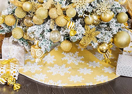 Photo 1 of Christmas Tree Skirt 36 Inch Snowflake Faux Fur Xmas Tree Skirts Ornament Double Layers Large Tree Mat for Winter New Year Holiday Party Decoration (Yellow)
