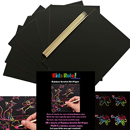 Photo 1 of Rainbow Scratch Art Paper - 50 Sheets - Plus 5 x Stylus - Perfect for Your Budding Artist - Rainbow Reveal Paper - Creative Unisex Birthday Present
