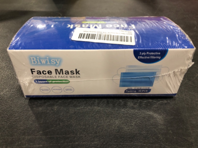 Photo 1 of DISPOSABLE FACE MASKS, 50 COUNT.