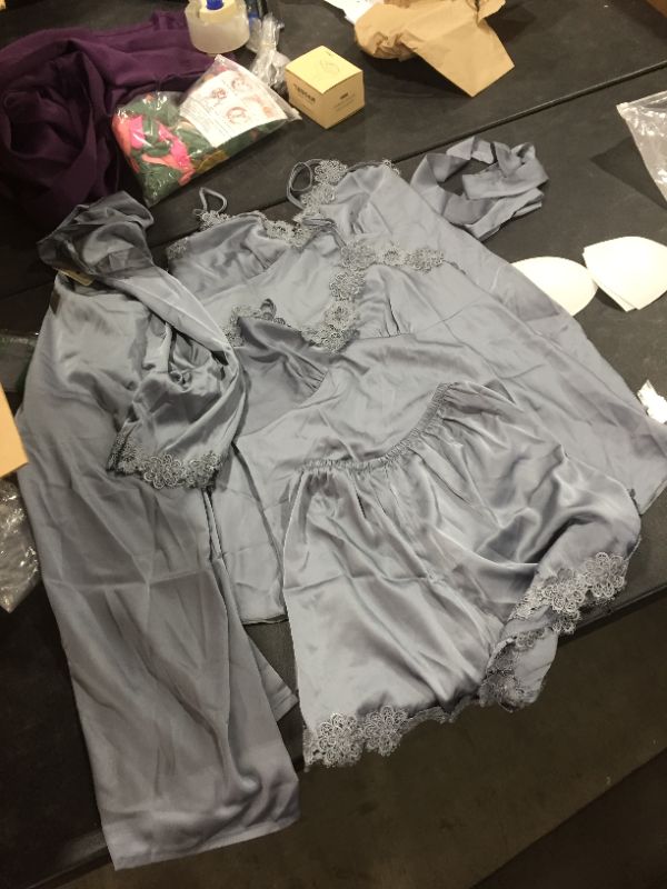 Photo 2 of Bluish grey satin pajama set [included two tank tops, one shorts, and one robe with waist tie] 